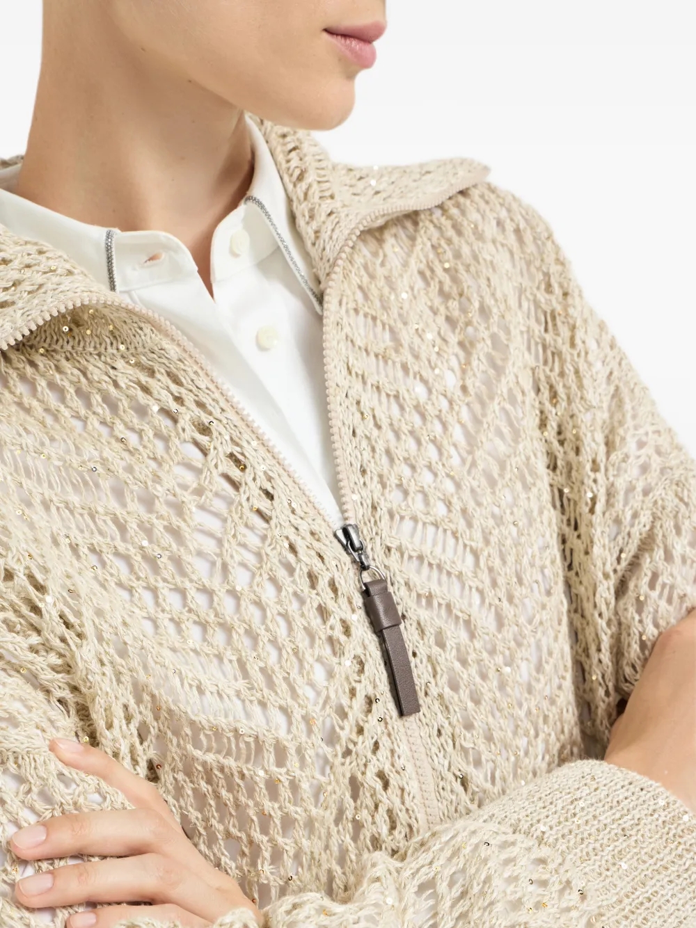 Brunello Cucinelli Linnen vest met abstract bladmotief en rits Beige