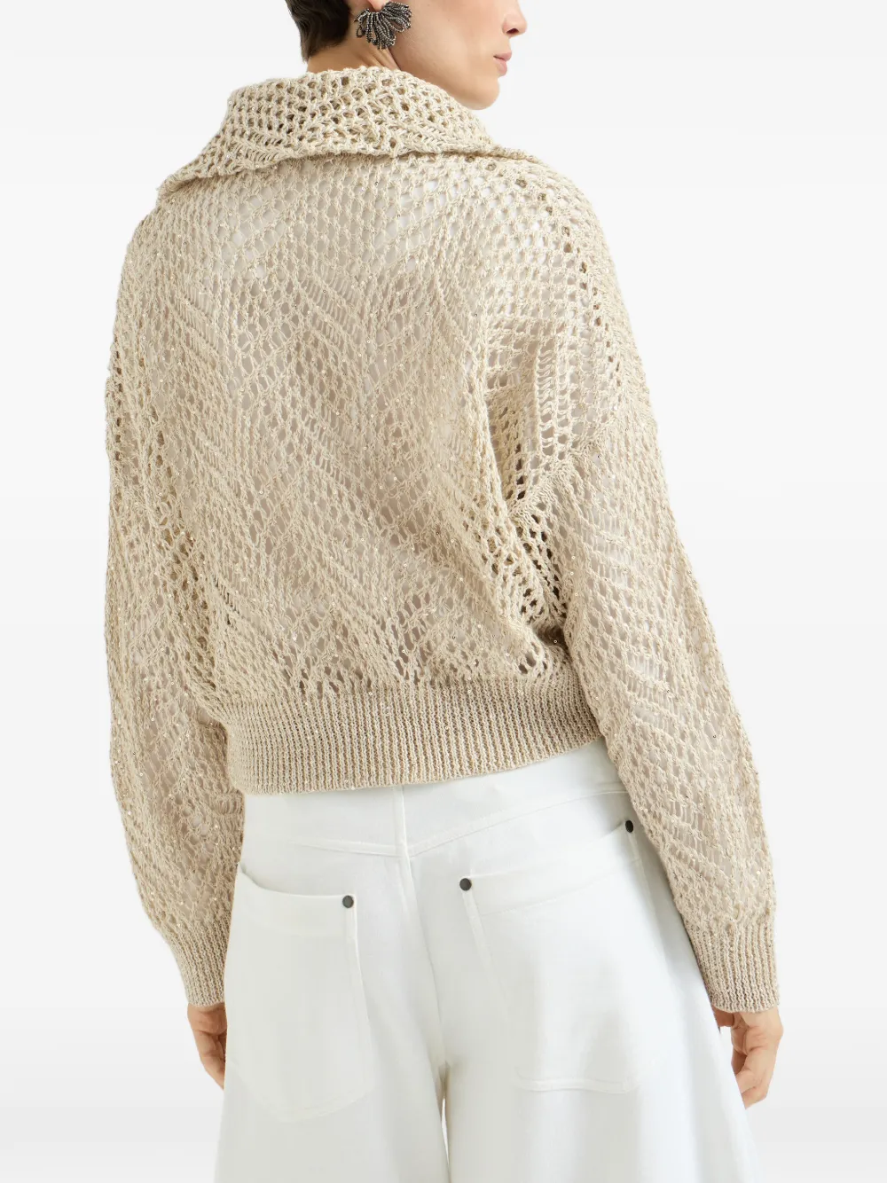 Brunello Cucinelli Linnen vest met abstract bladmotief en rits Beige