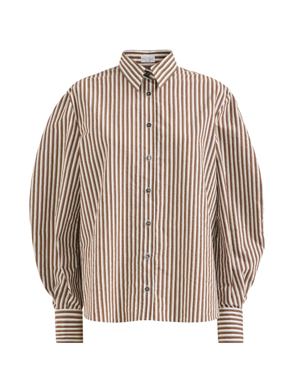 Brunello Cucinelli Gestreepte blouse van gekreukt popeline met Monili Bruin