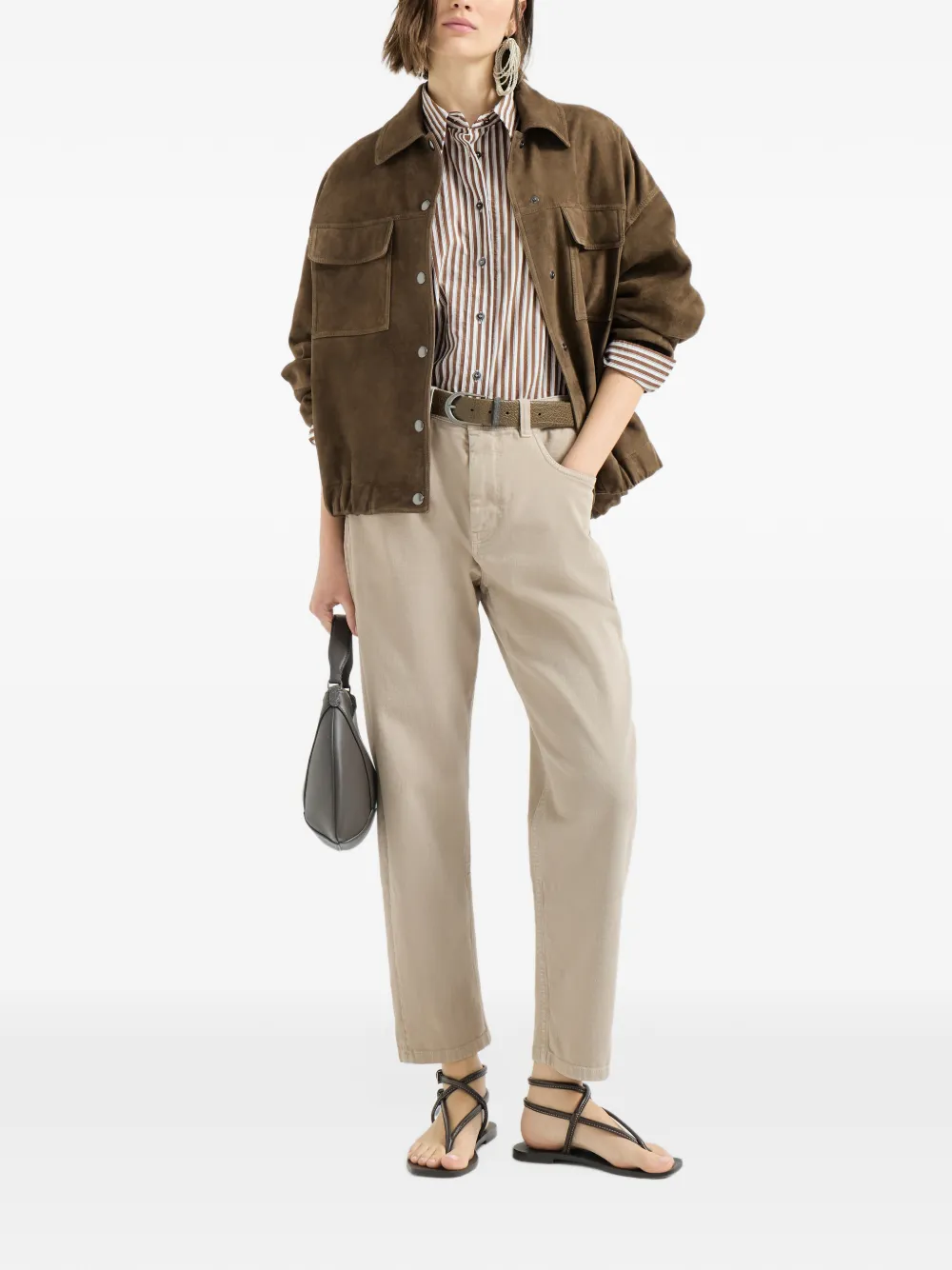 Brunello Cucinelli Gestreepte blouse van gekreukt popeline met Monili Bruin