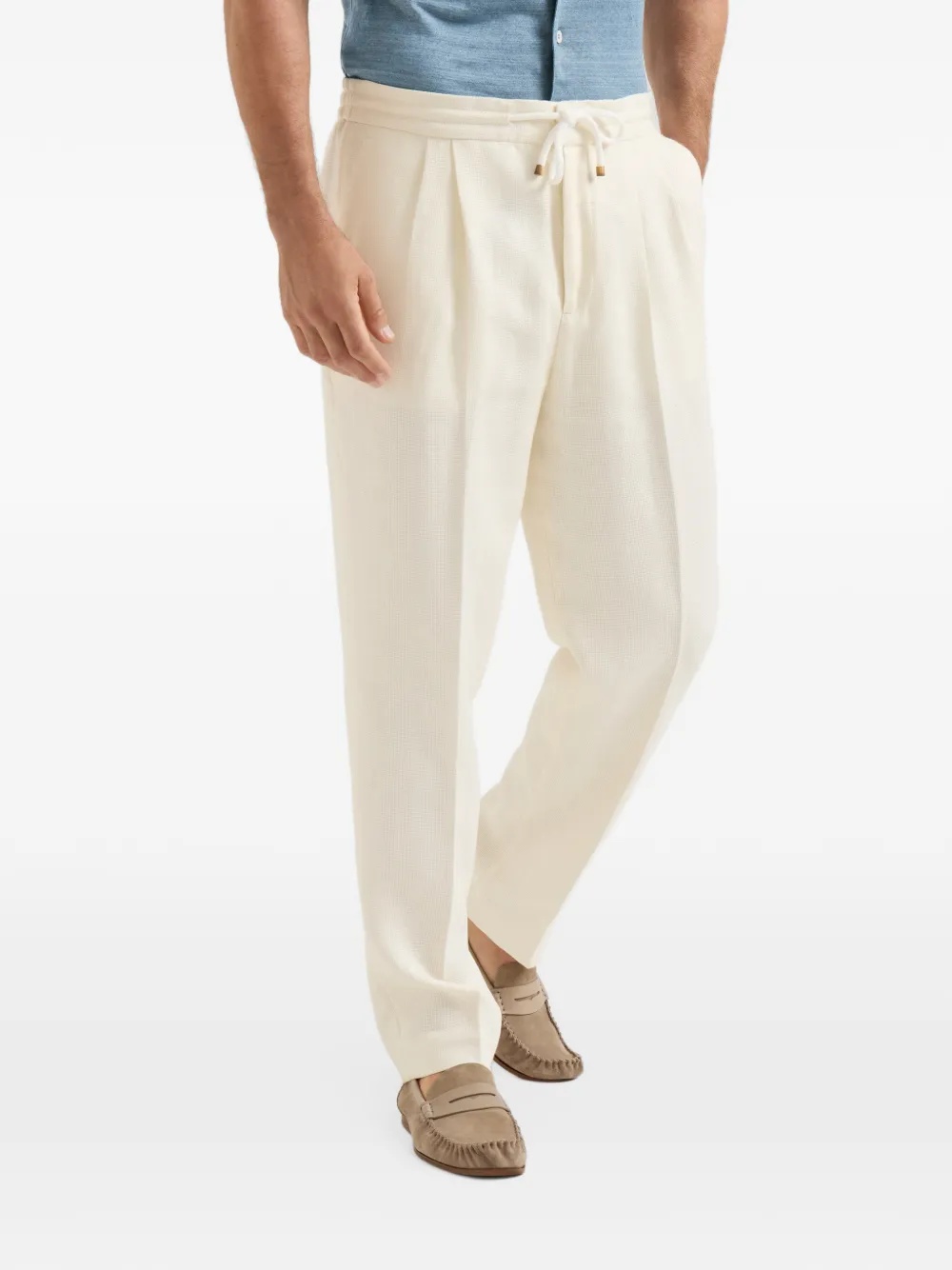 Brunello Cucinelli Broek van zijde linnen en wol in hopsackweefsel met trekkoord Beige