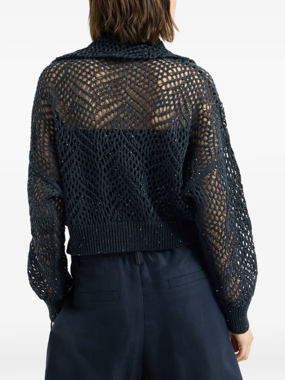 Brunello Cucinelli Linnen vest met abstract bladmotief en rits Blauw