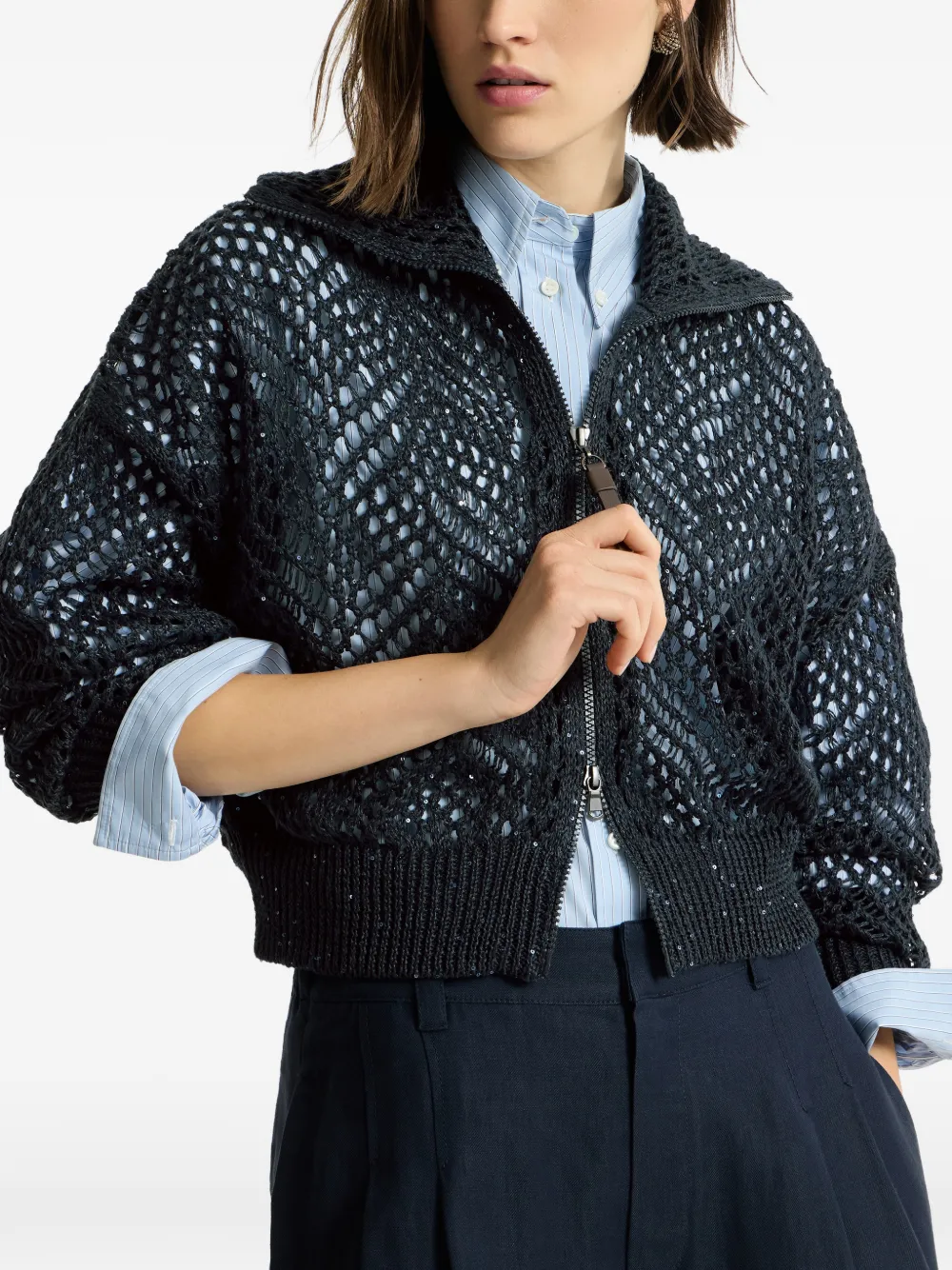 Brunello Cucinelli Linnen vest met abstract bladmotief en rits Blauw