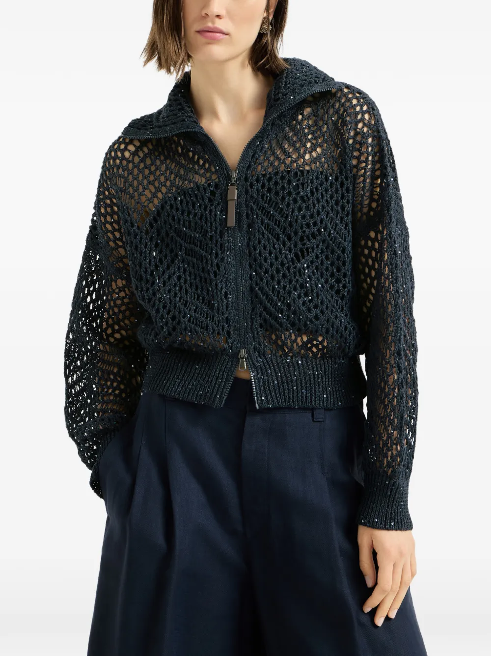 Brunello Cucinelli Linnen vest met abstract bladmotief en rits Blauw