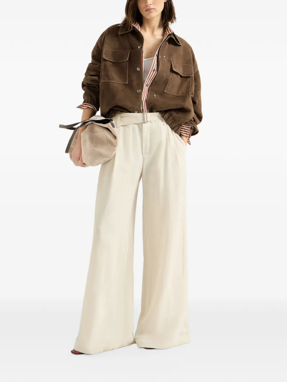 Brunello Cucinelli Flared broek van katoenen organza met plooien ceintuur en Monili Beige