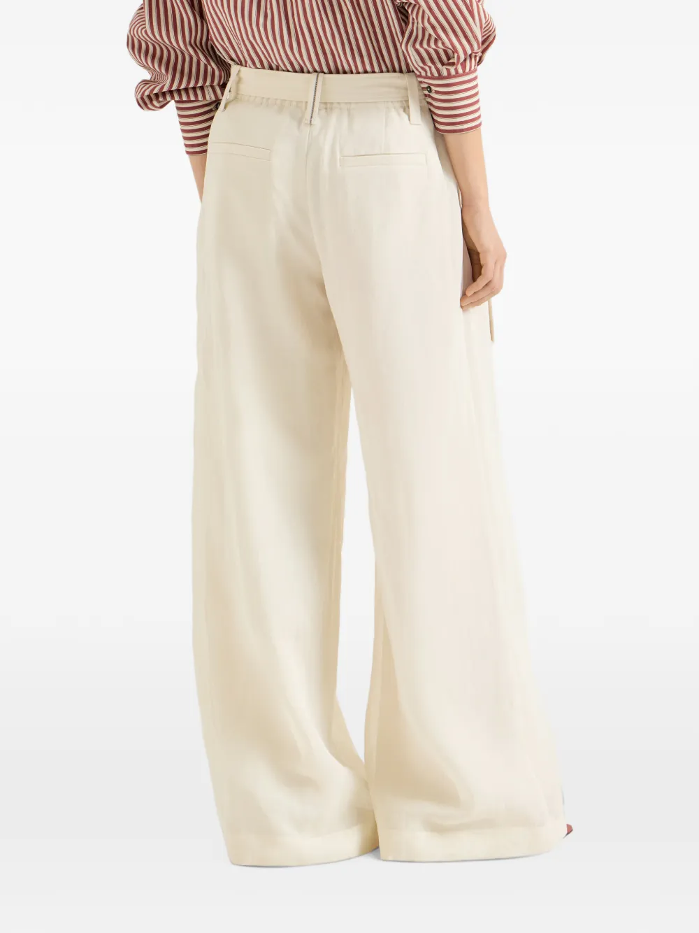 Brunello Cucinelli Flared broek van katoenen organza met plooien ceintuur en Monili Beige