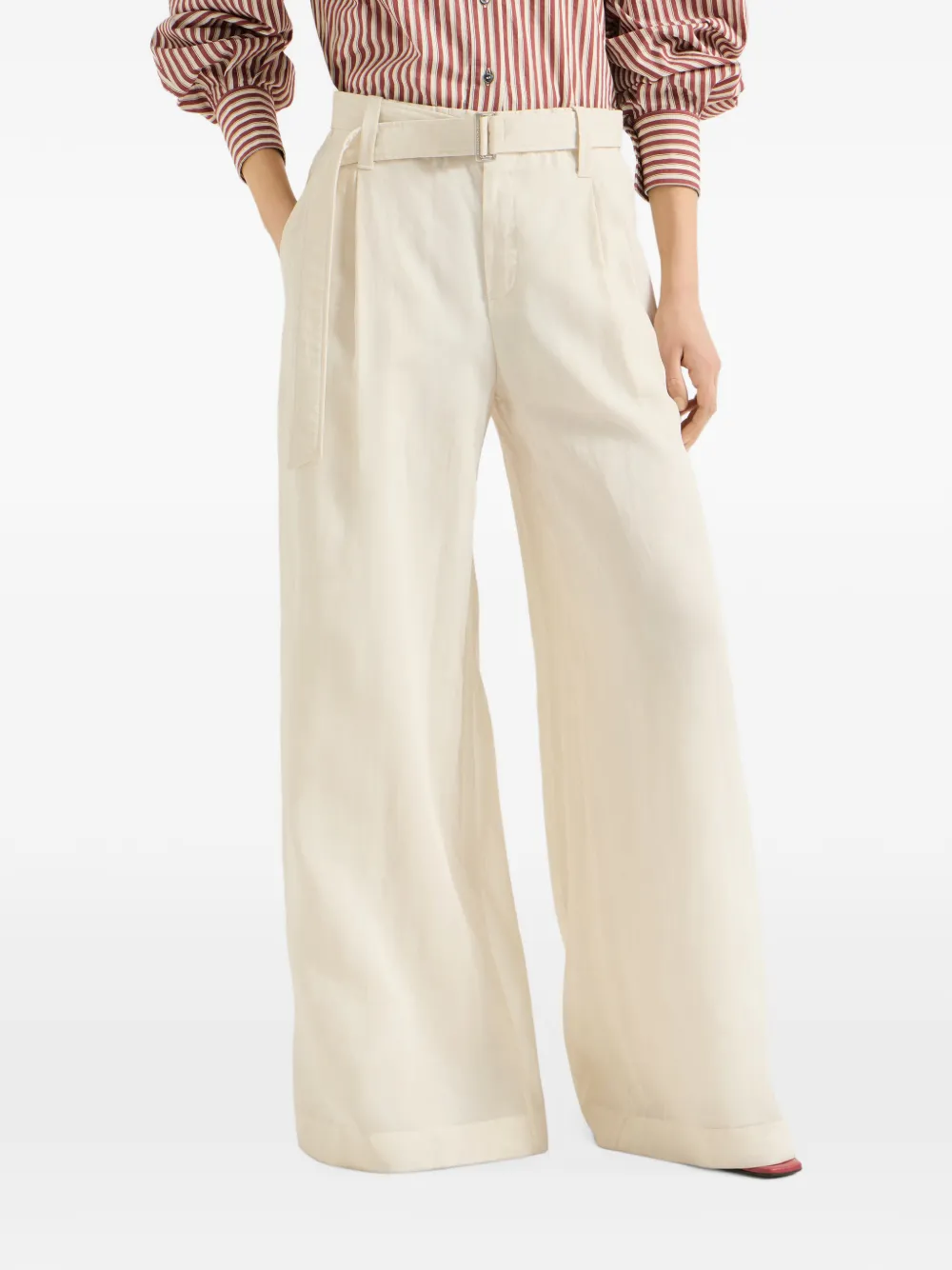 Brunello Cucinelli Flared broek van katoenen organza met plooien ceintuur en Monili Beige