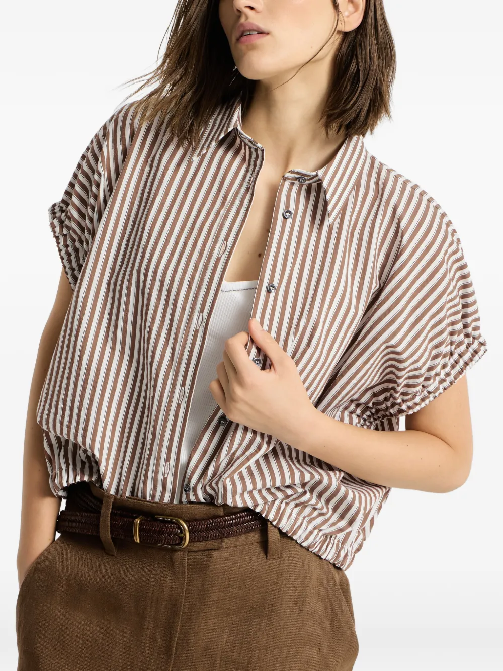 Brunello Cucinelli Gestreepte blouse verfraaid met Monili Bruin