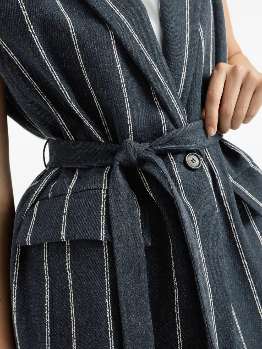 Brunello Cucinelli double chalk stripe cotton and linen denim belted vest with Monili Blauw