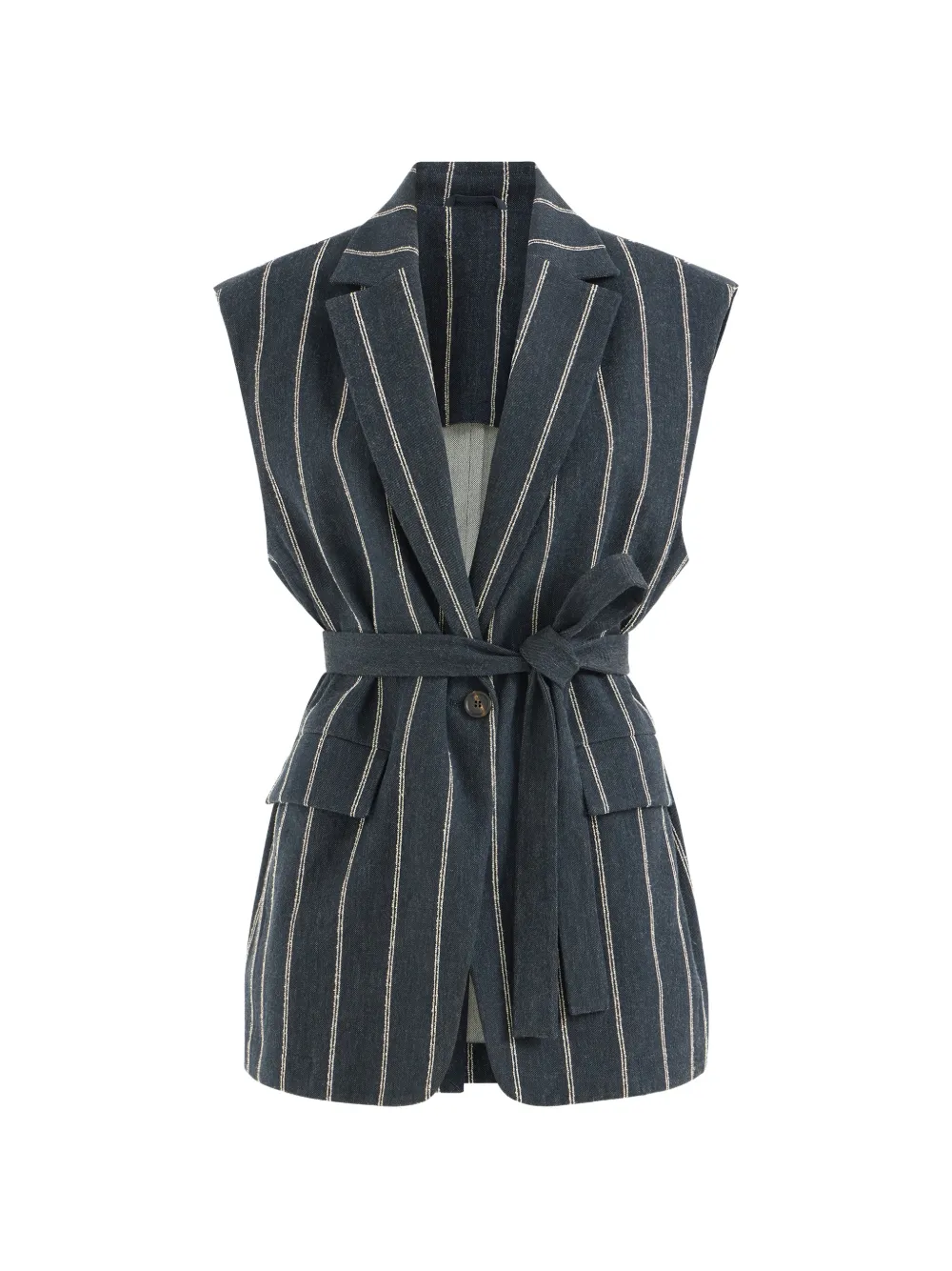 Brunello Cucinelli double chalk stripe cotton and linen denim belted vest with Monili Blauw