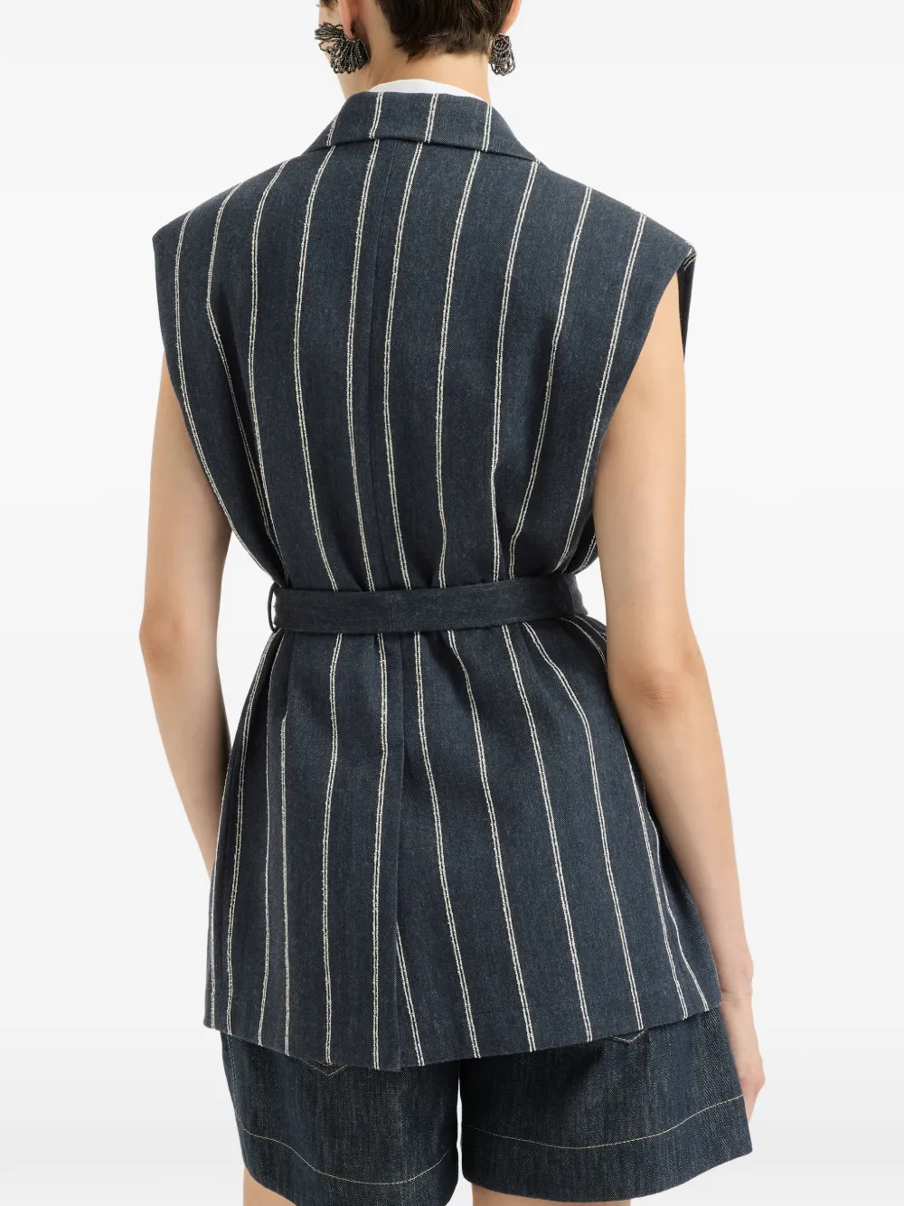 Brunello Cucinelli double chalk stripe cotton and linen denim belted vest with Monili Blauw