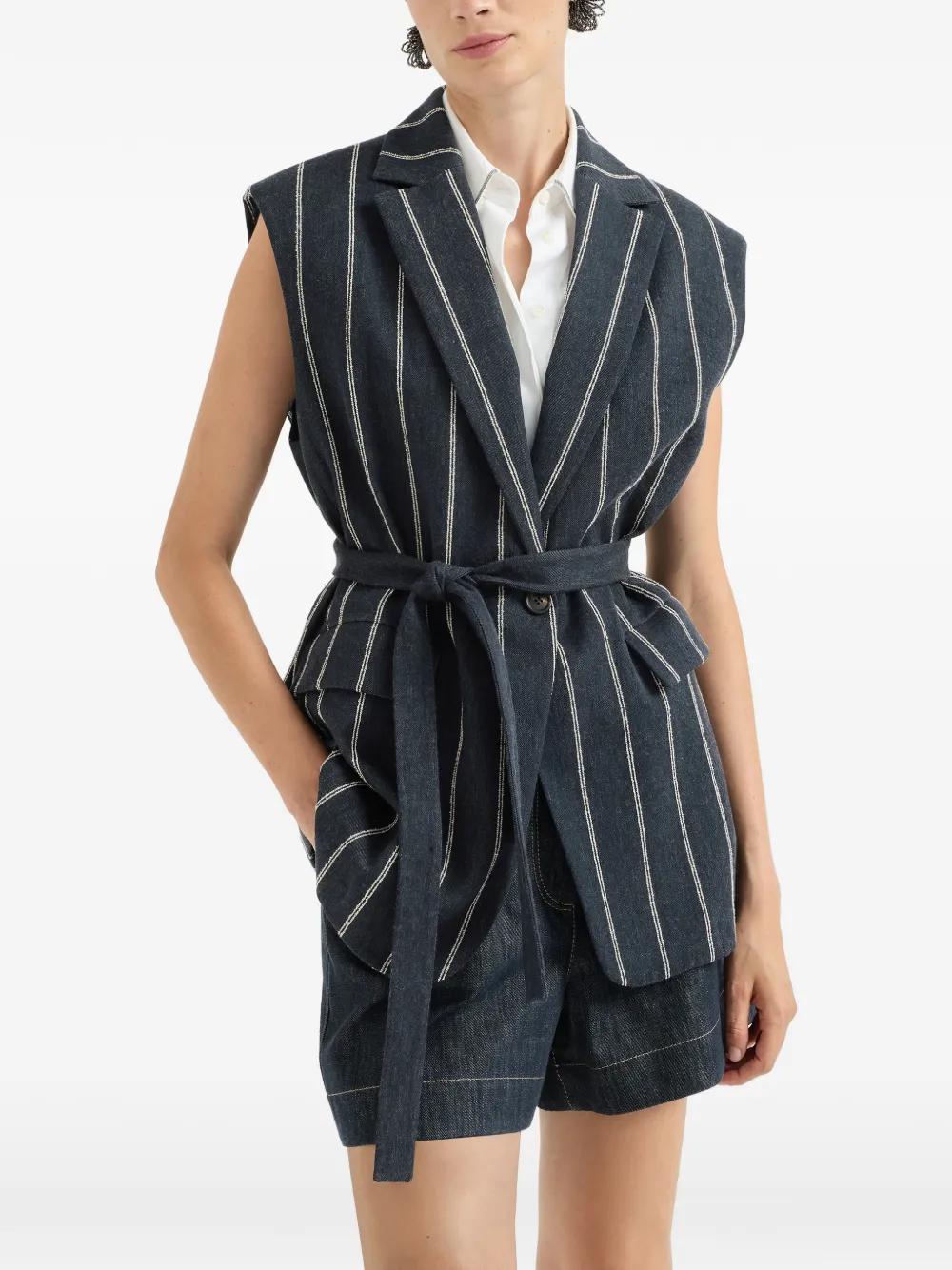 Brunello Cucinelli double chalk stripe cotton and linen denim belted vest with Monili Blauw