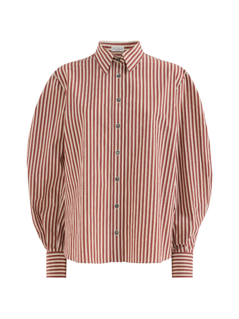 Brunello Cucinelli Gestreepte blouse van gekreukt popeline met Monili Rood