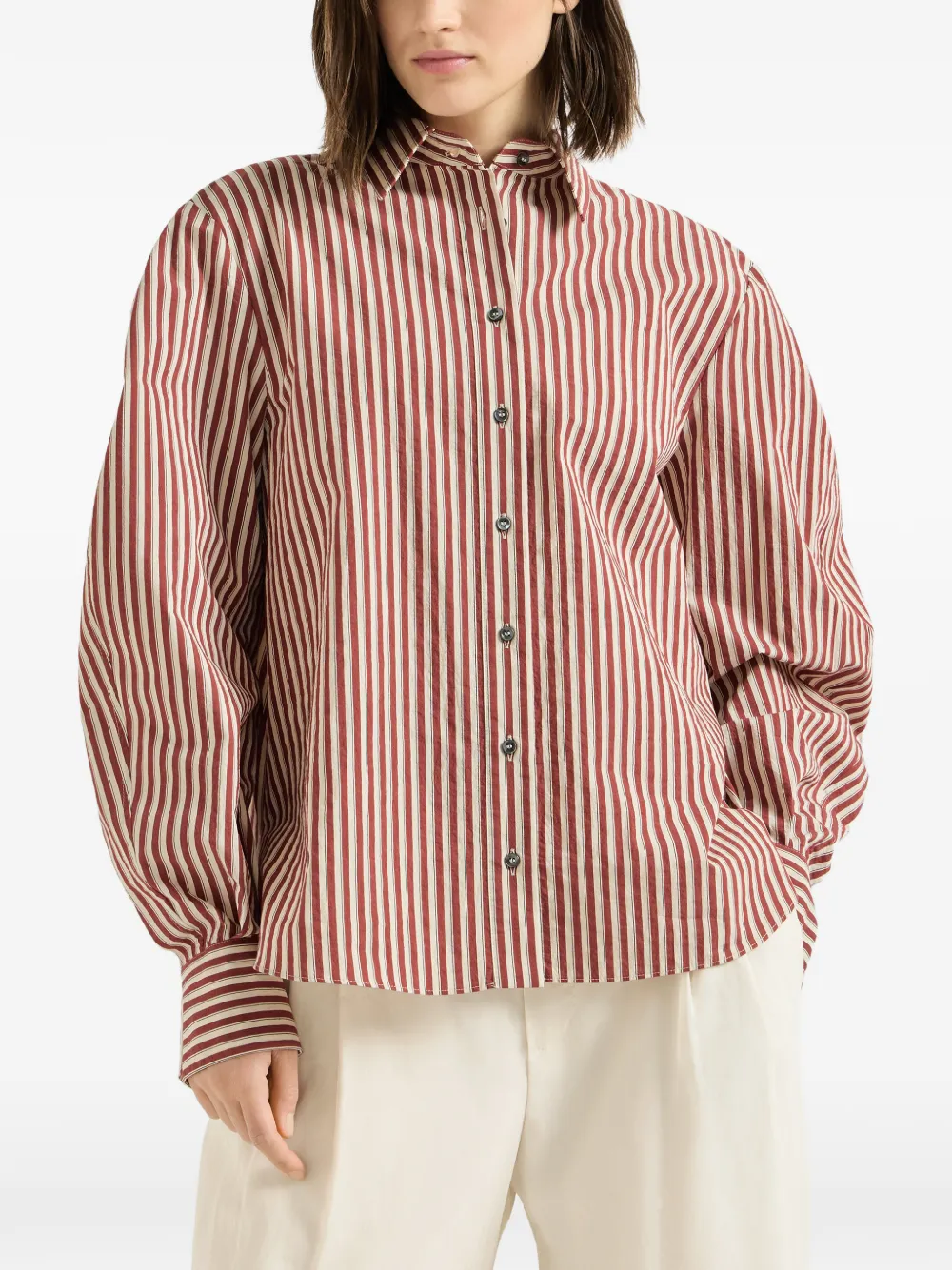 Brunello Cucinelli Gestreepte blouse van gekreukt popeline met Monili Rood