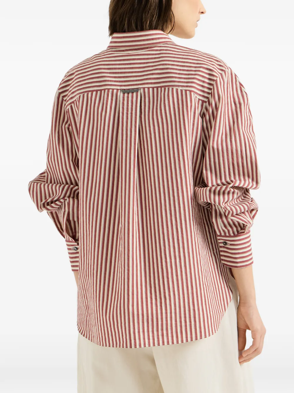 Brunello Cucinelli Gestreepte blouse van gekreukt popeline met Monili Rood