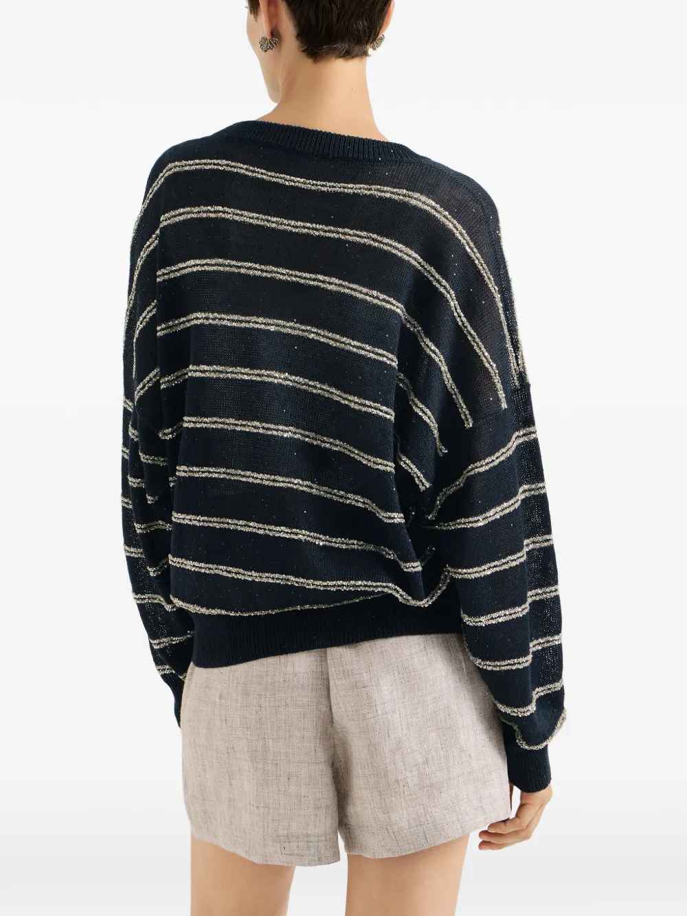 Brunello Cucinelli Linnen en katoenen trui met Dazzling dubbele strepen Blauw