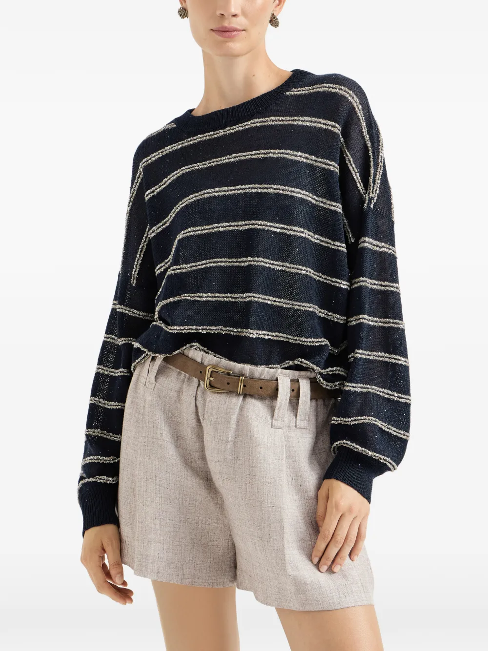 Brunello Cucinelli Linnen en katoenen trui met Dazzling dubbele strepen Blauw