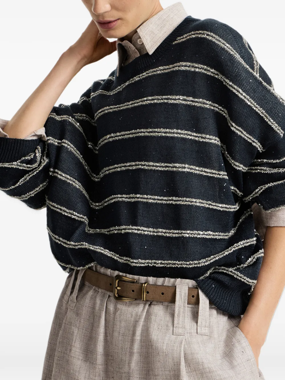 Brunello Cucinelli Linnen en katoenen trui met Dazzling dubbele strepen Blauw