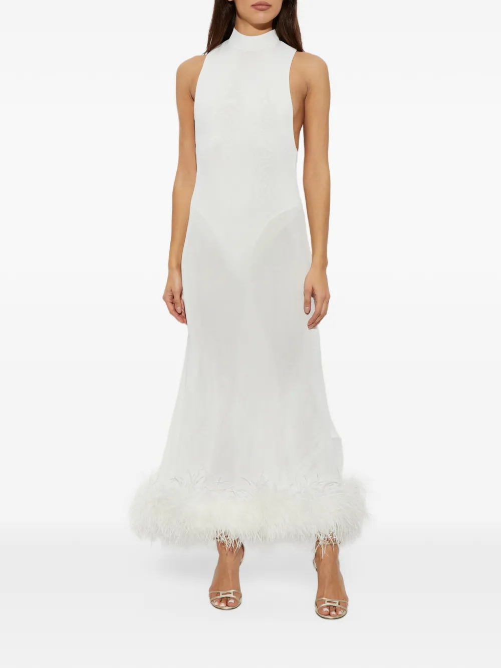 Self-Portrait white racer-back feather knit midi dress Wit