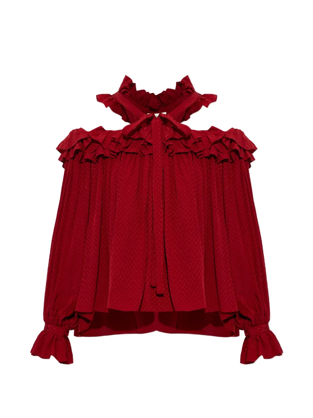 Chloé cut-out ruffled top in silk jacquard Rood