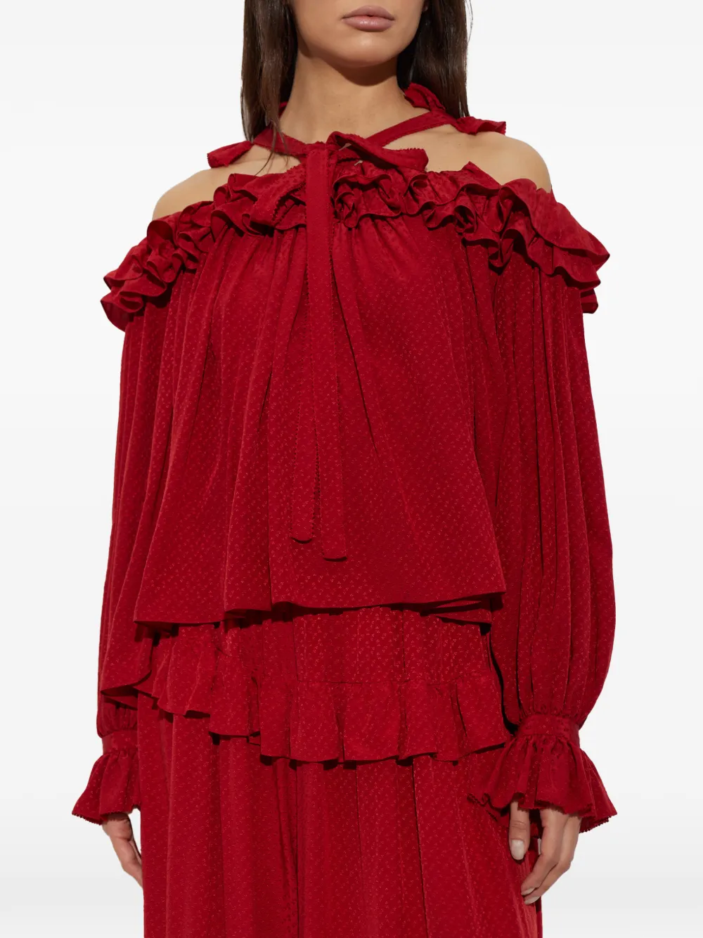 Chloé cut-out ruffled top in silk jacquard Rood