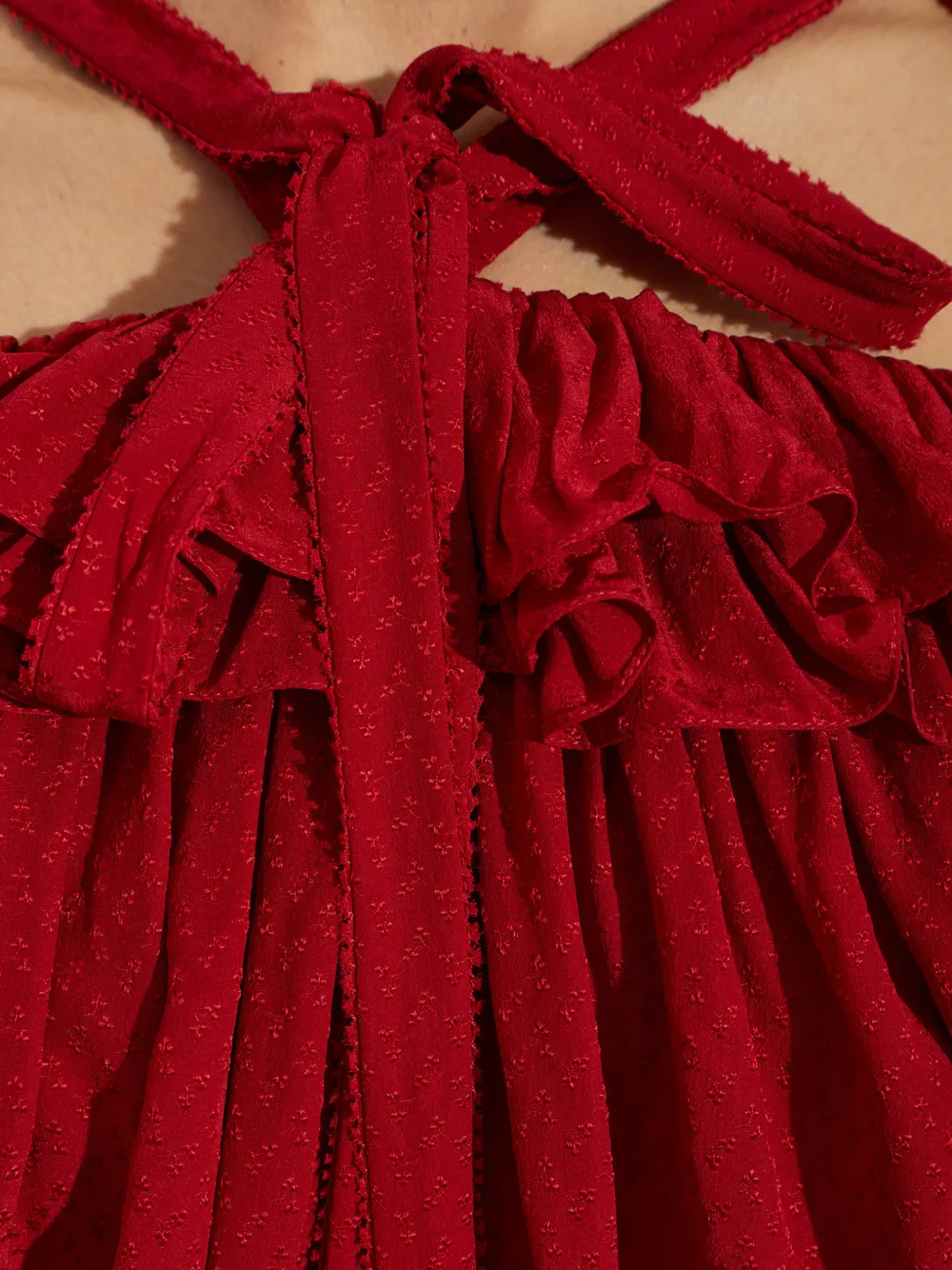 Chloé cut-out ruffled top in silk jacquard Rood