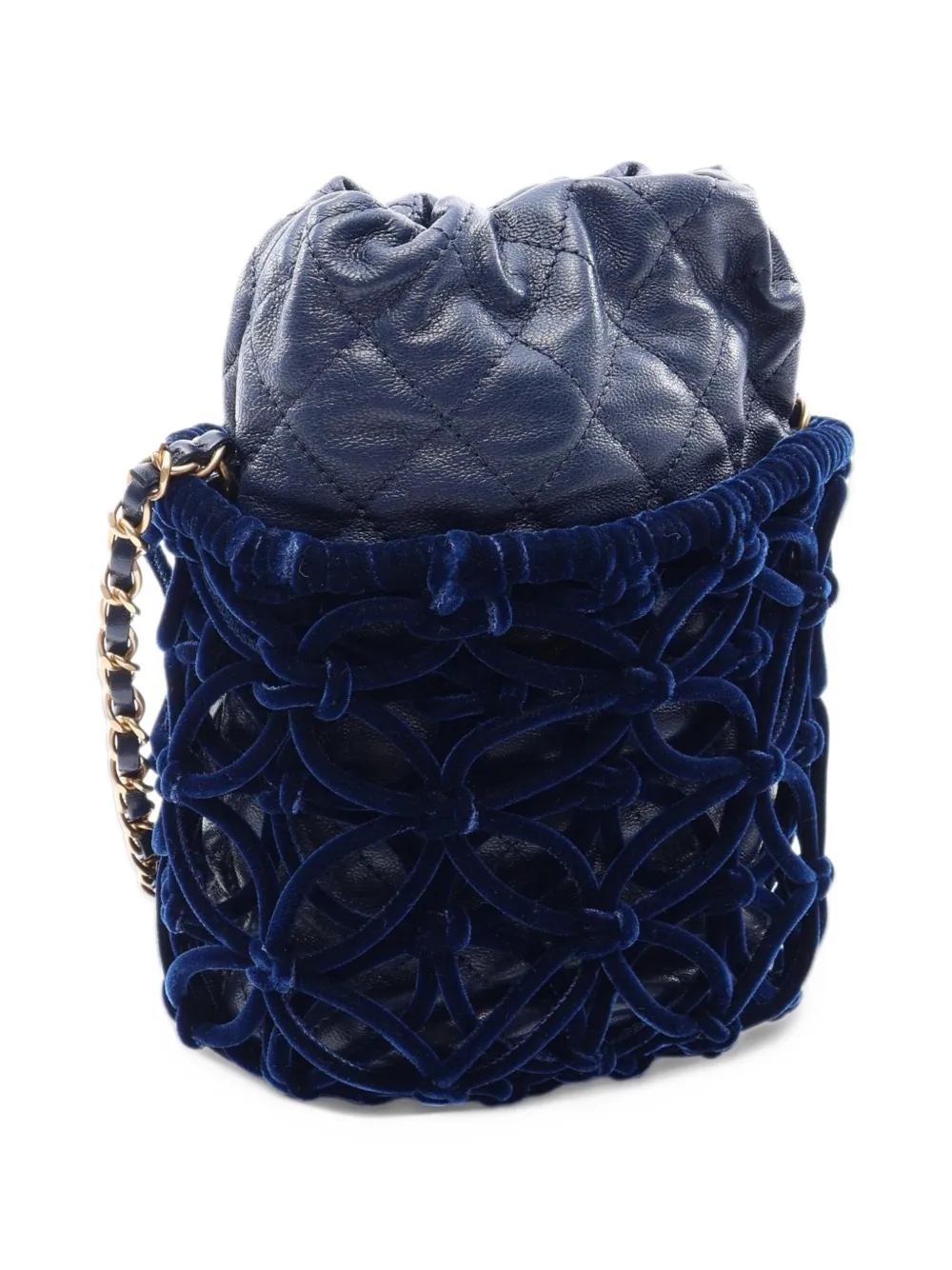 CHANEL Pre-Owned 2021 S Matelassé velvet-overlay bucket bag Blauw
