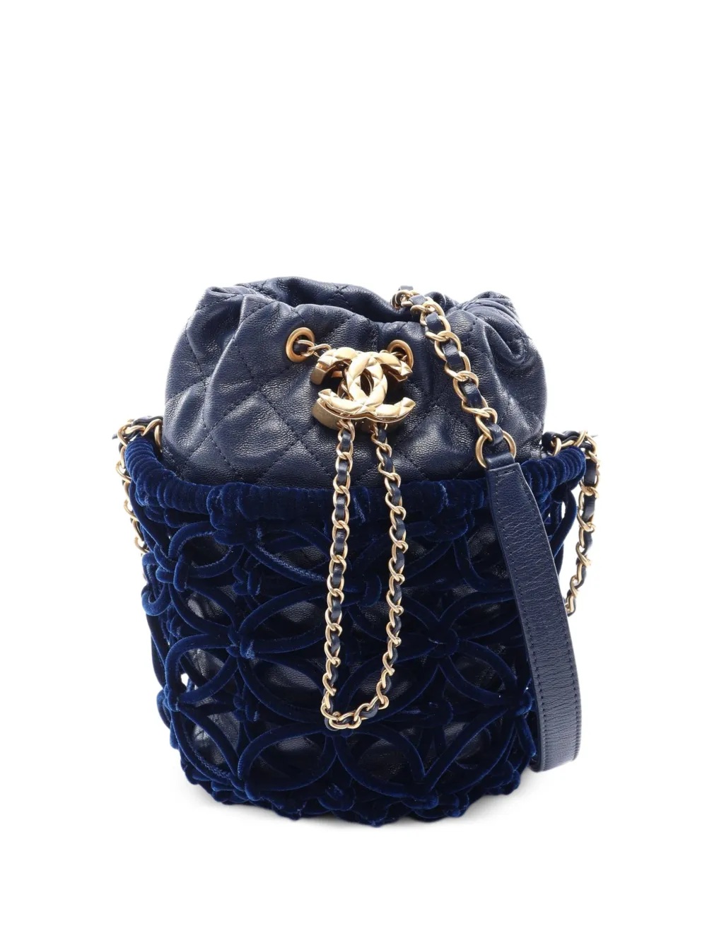 CHANEL Pre-Owned Matelassé velvet-overlay bucket bag - Blu