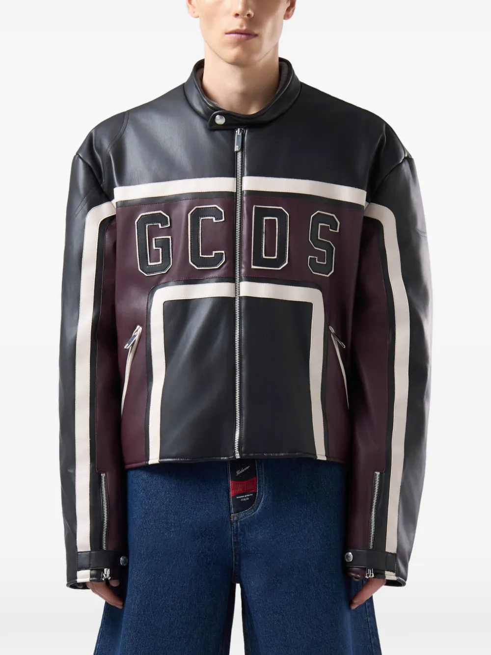 GCDS logo-patch panelled biker jacket Zwart