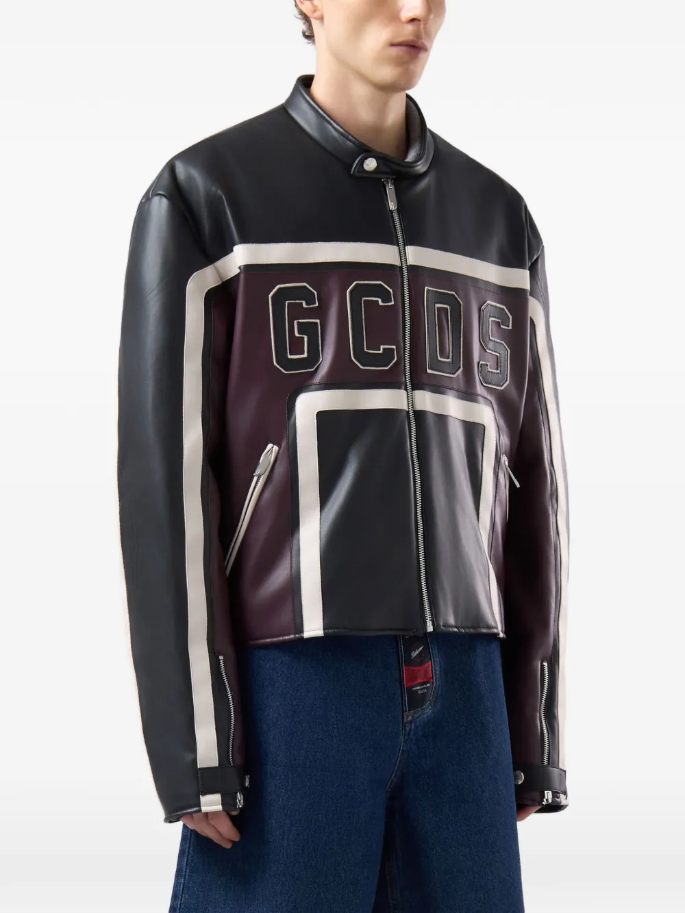 GCDS logo-patch panelled biker jacket Zwart