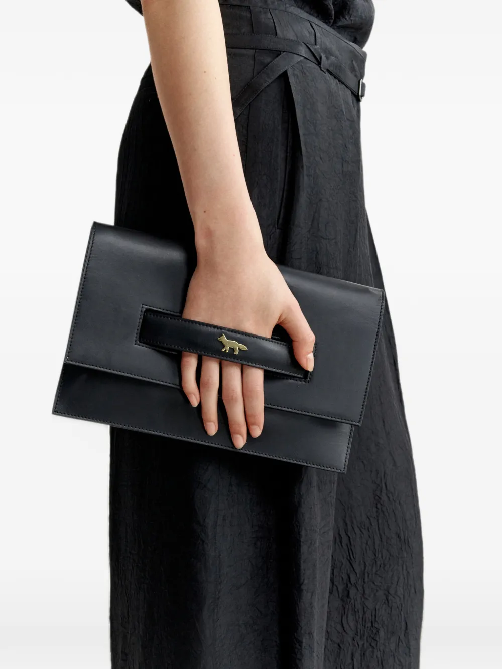 Maison Kitsuné Festive logo plaque bovine leather clutch bag Zwart