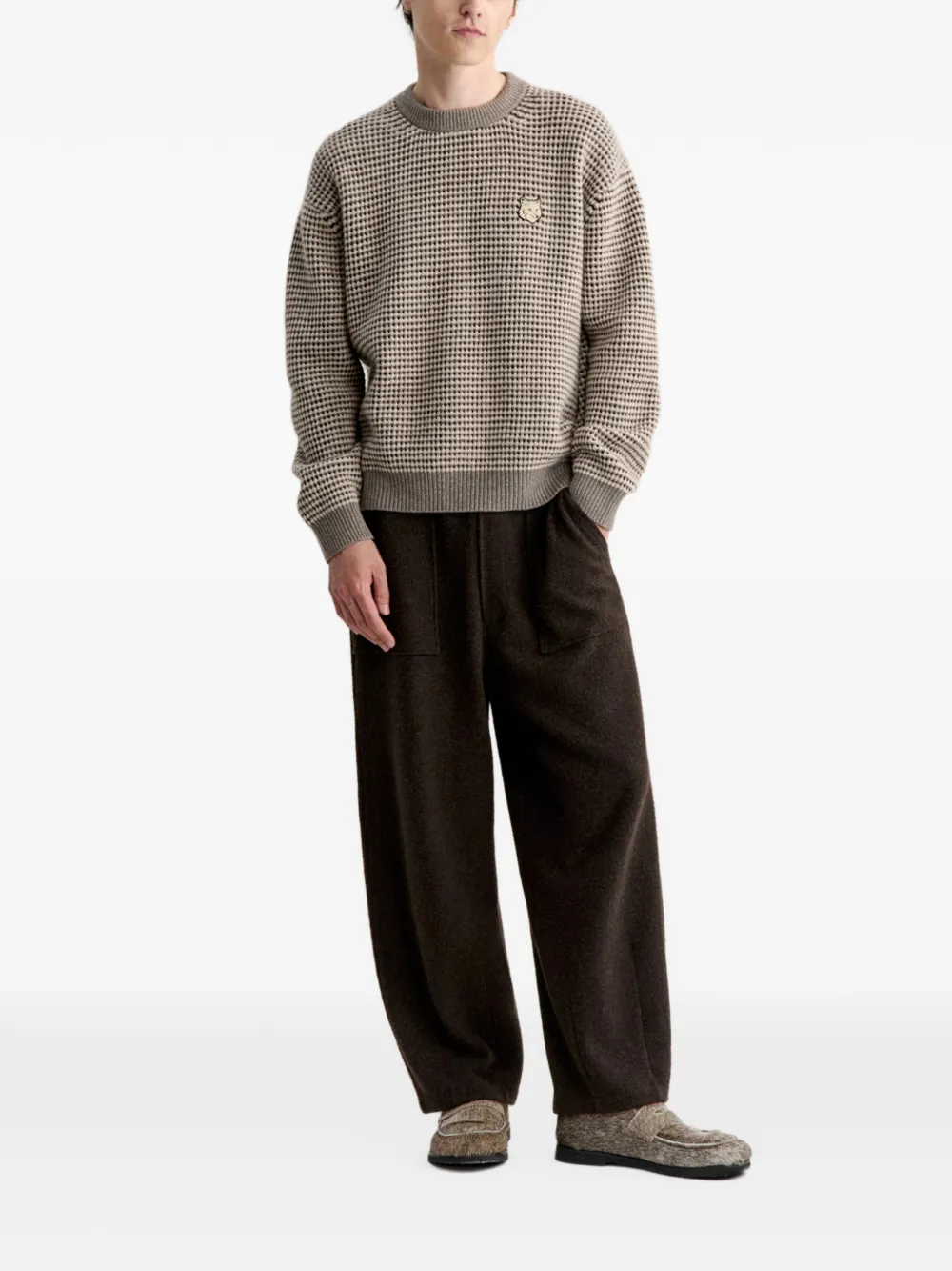 Maison Kitsuné fox-patch waffle-knit sweater Beige