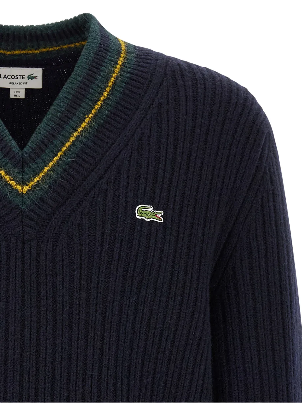 Lacoste striped wool sweater with V-neck Blauw