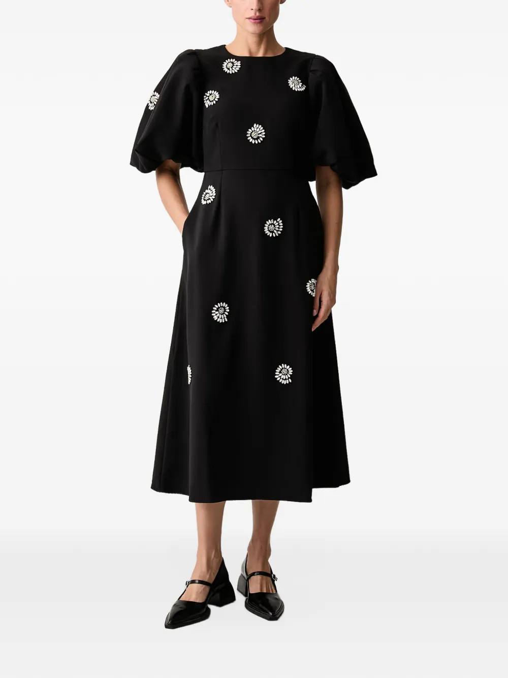 Stine Goya crystal-embellished puff-sleeve midi dress Zwart