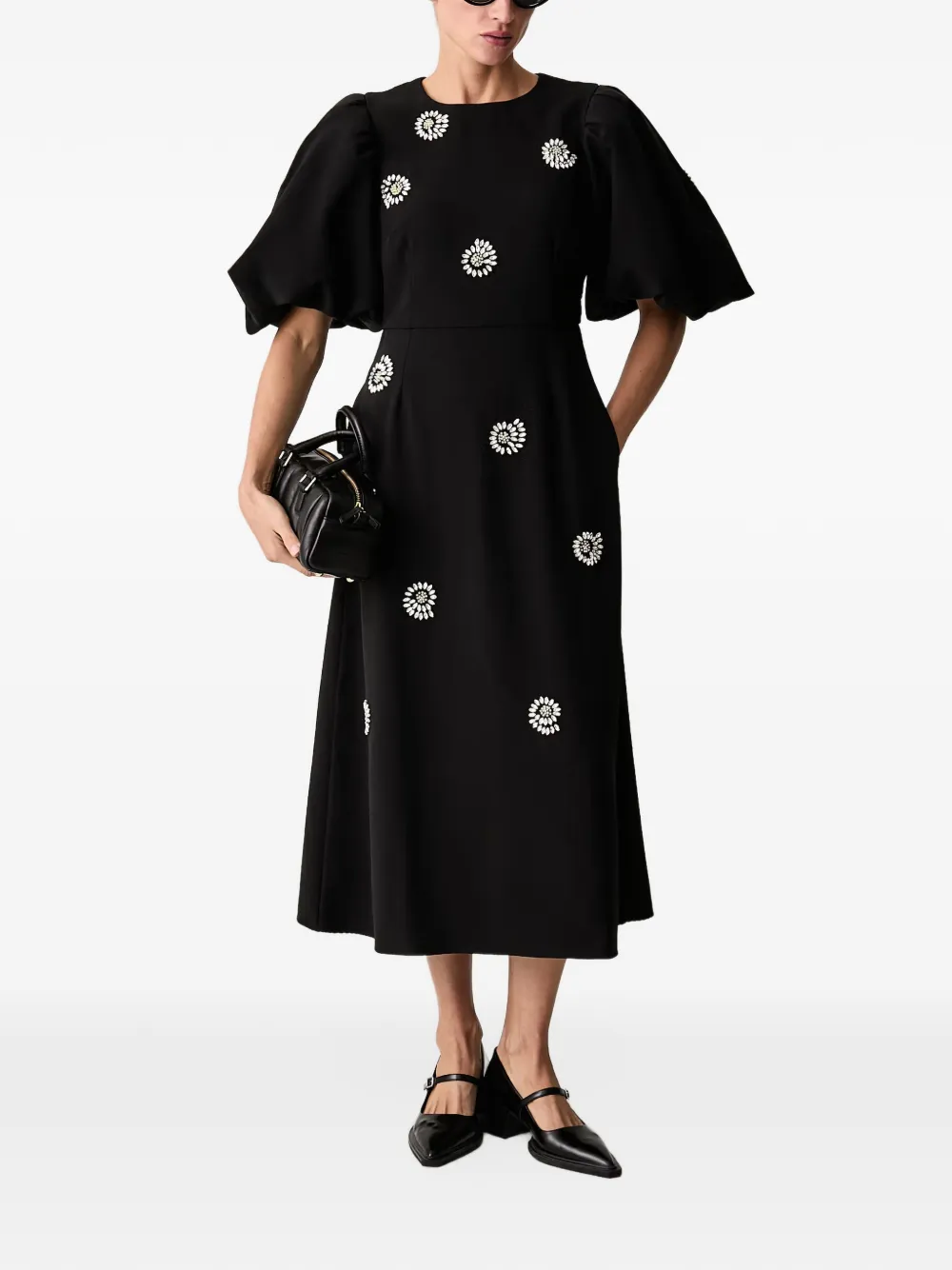 Stine Goya crystal-embellished puff-sleeve midi dress Zwart