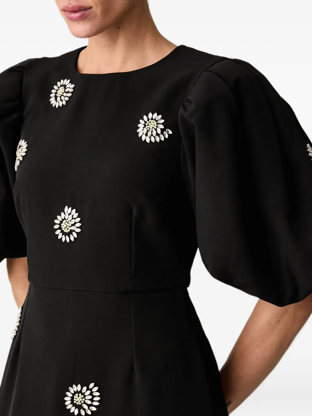 Stine Goya crystal-embellished puff-sleeve midi dress Zwart