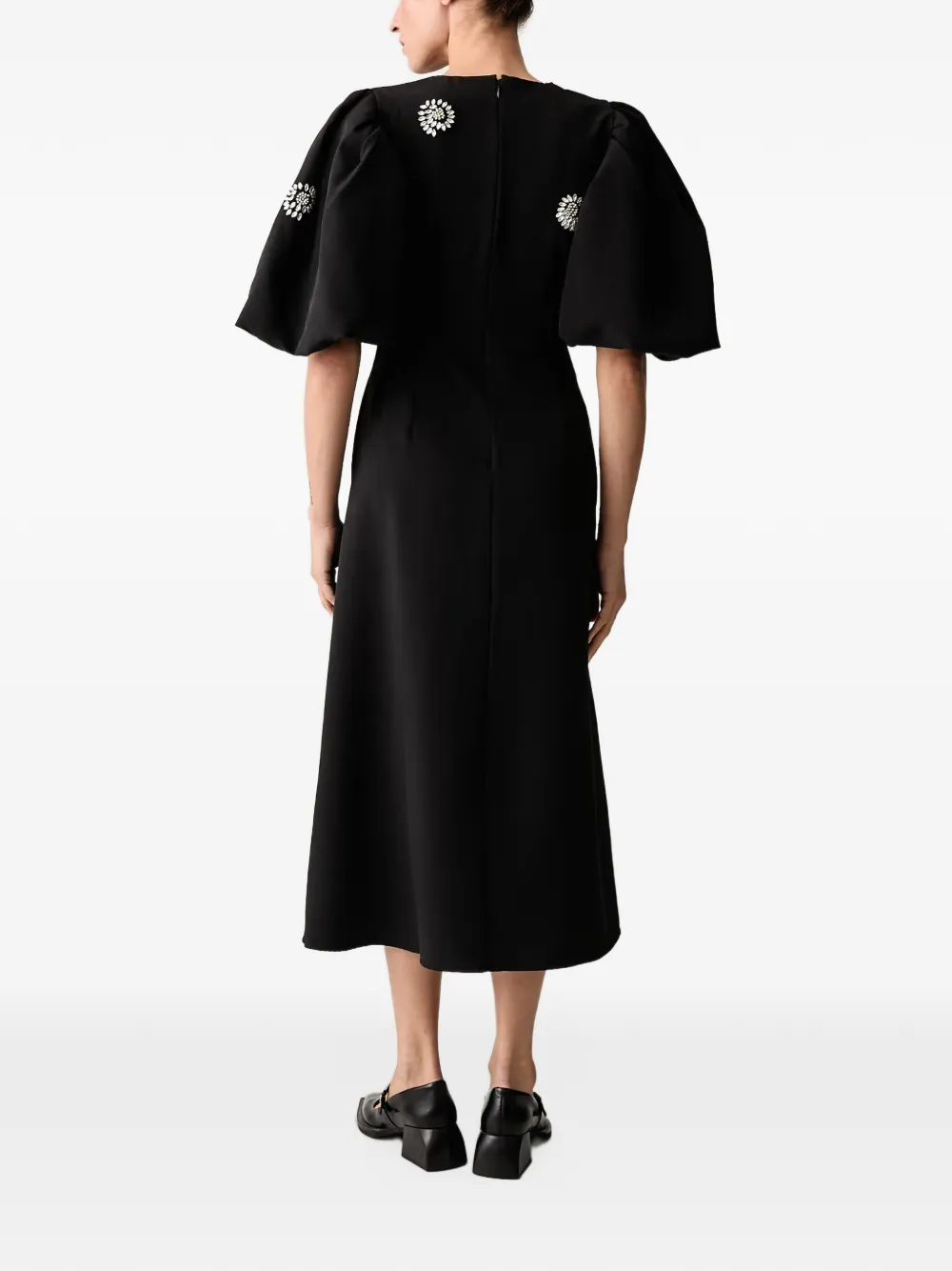 Stine Goya crystal-embellished puff-sleeve midi dress Zwart