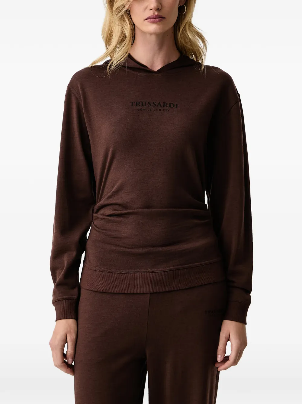 Trussardi logo-print ruched hoodie - Marrone