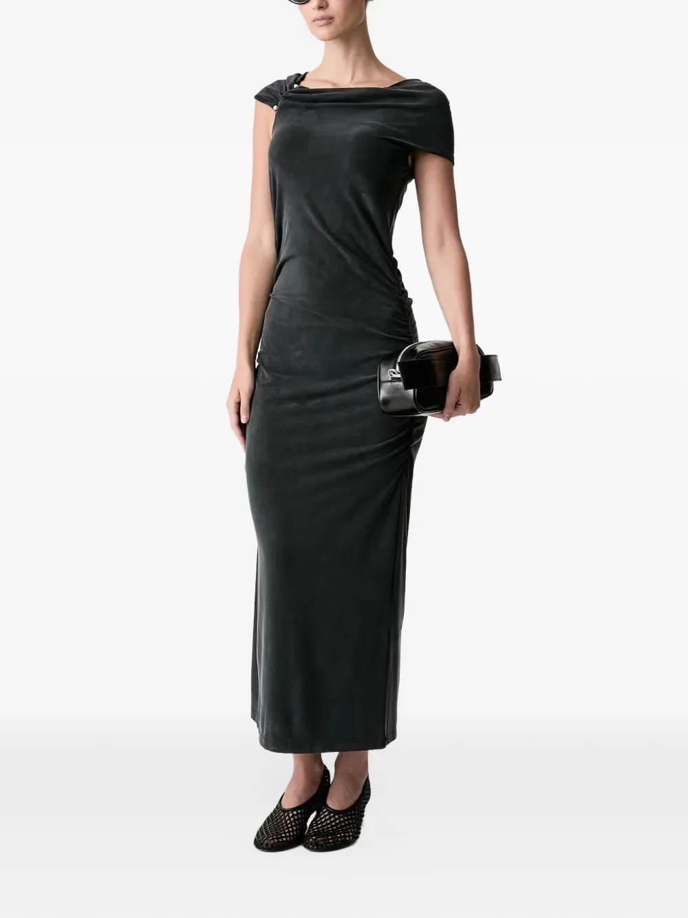 Stine Goya pearl-embellished ruched midi dress Zwart