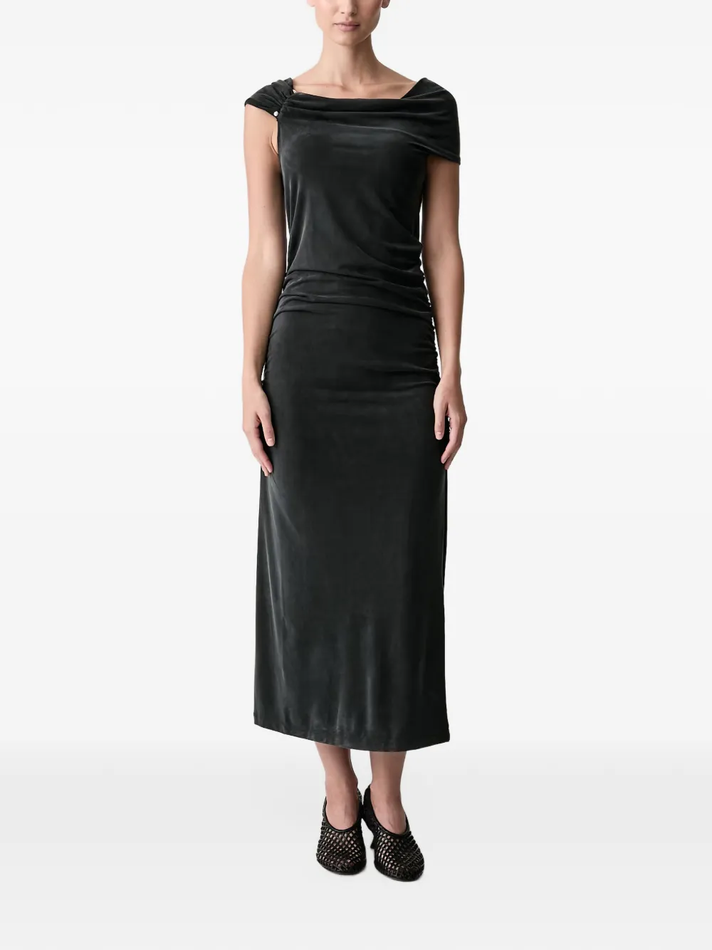 Stine Goya pearl-embellished ruched midi dress Zwart