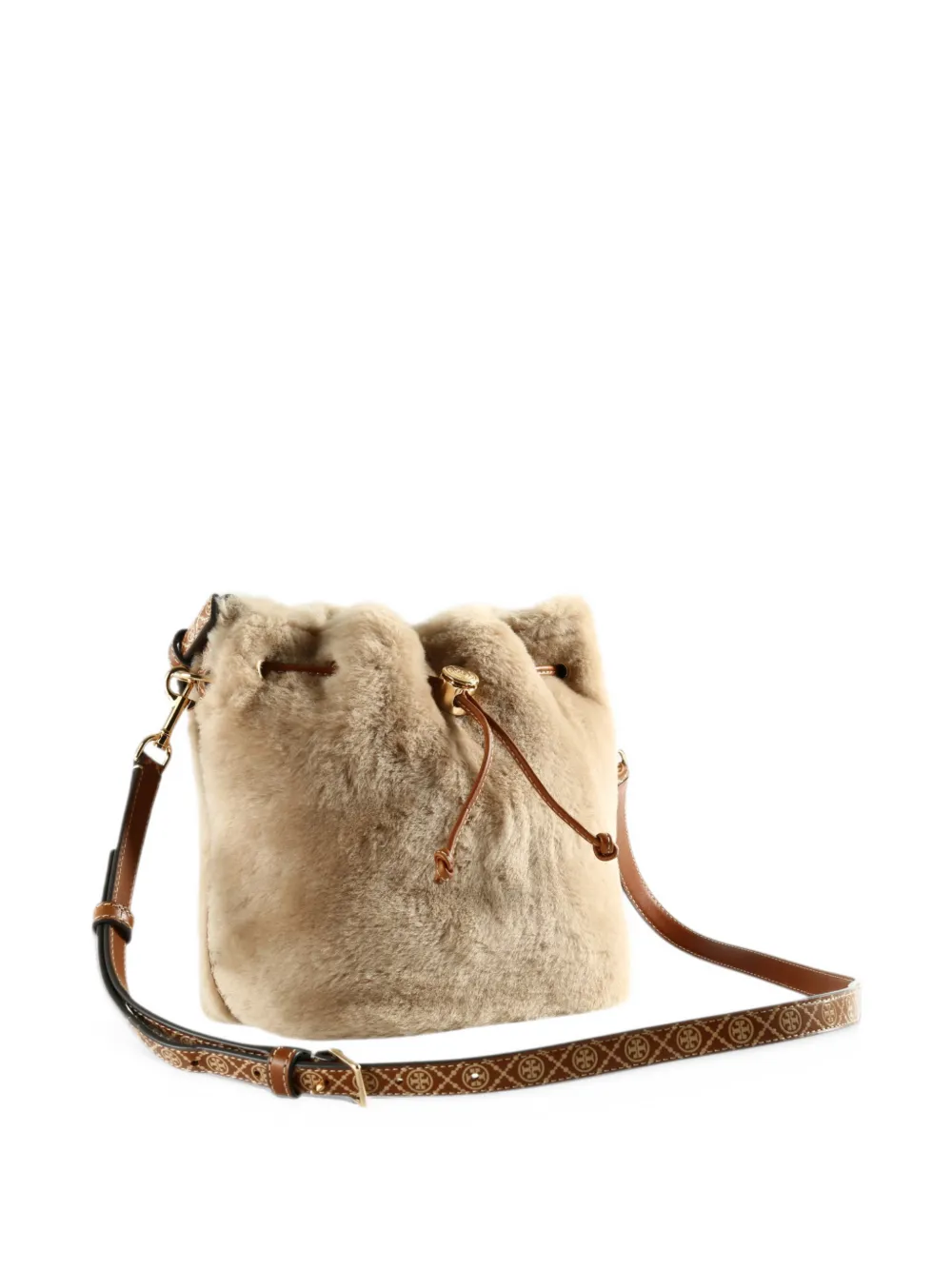 Tory Burch shearling drawstring bucket bag Beige