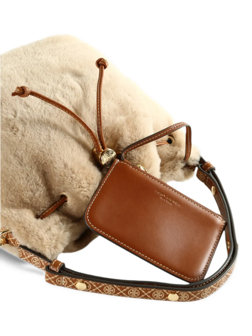 Tory Burch shearling drawstring bucket bag Beige