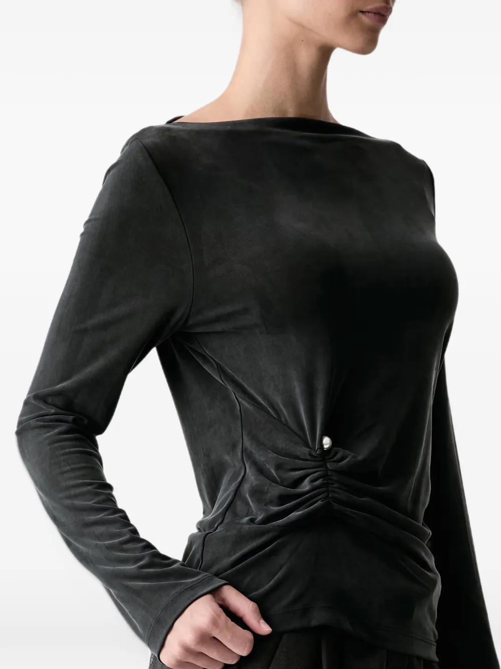 Stine Goya pearl-embellished ruched long-sleeved top Zwart
