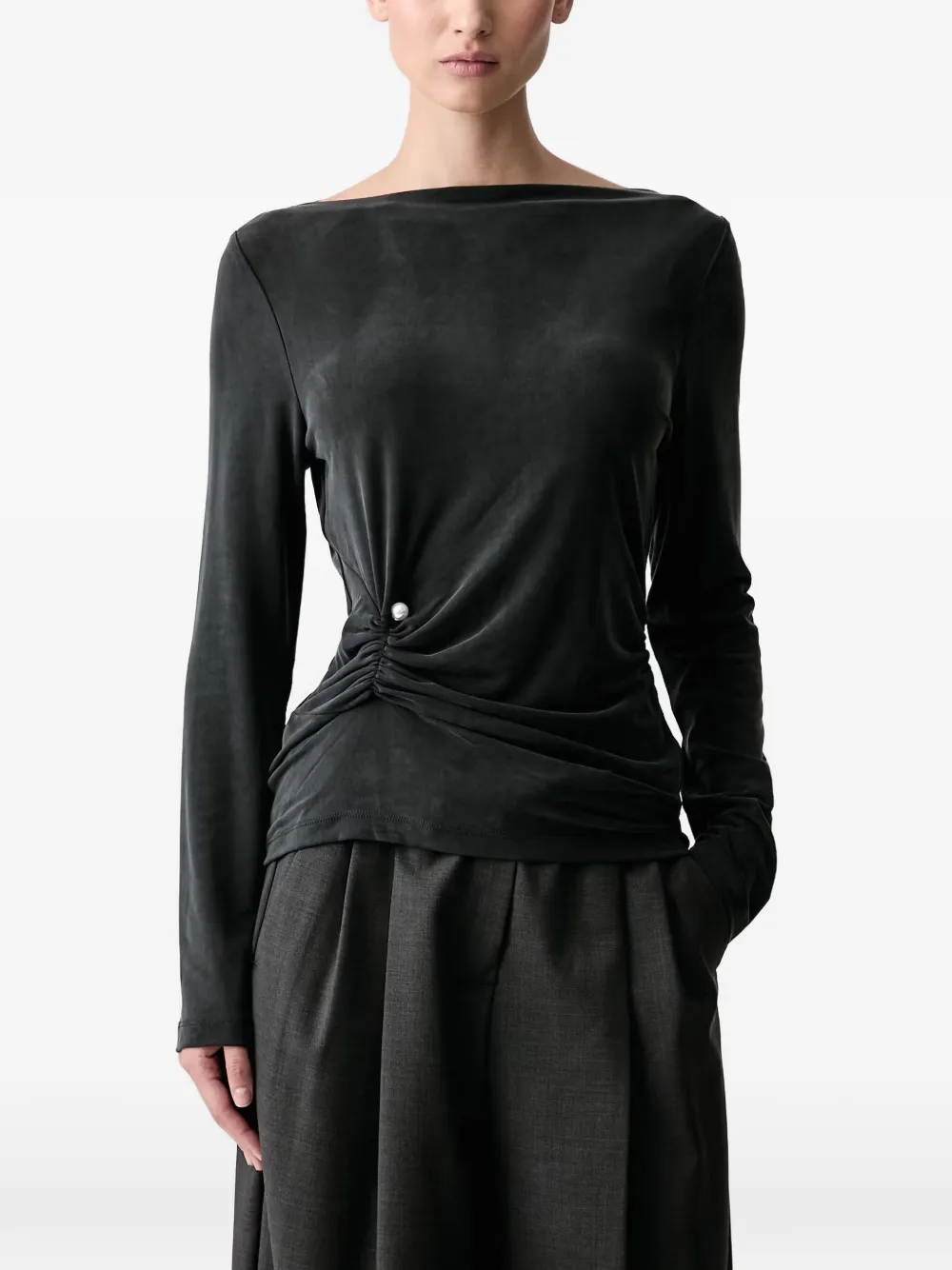 Stine Goya pearl-embellished ruched long-sleeved top Zwart