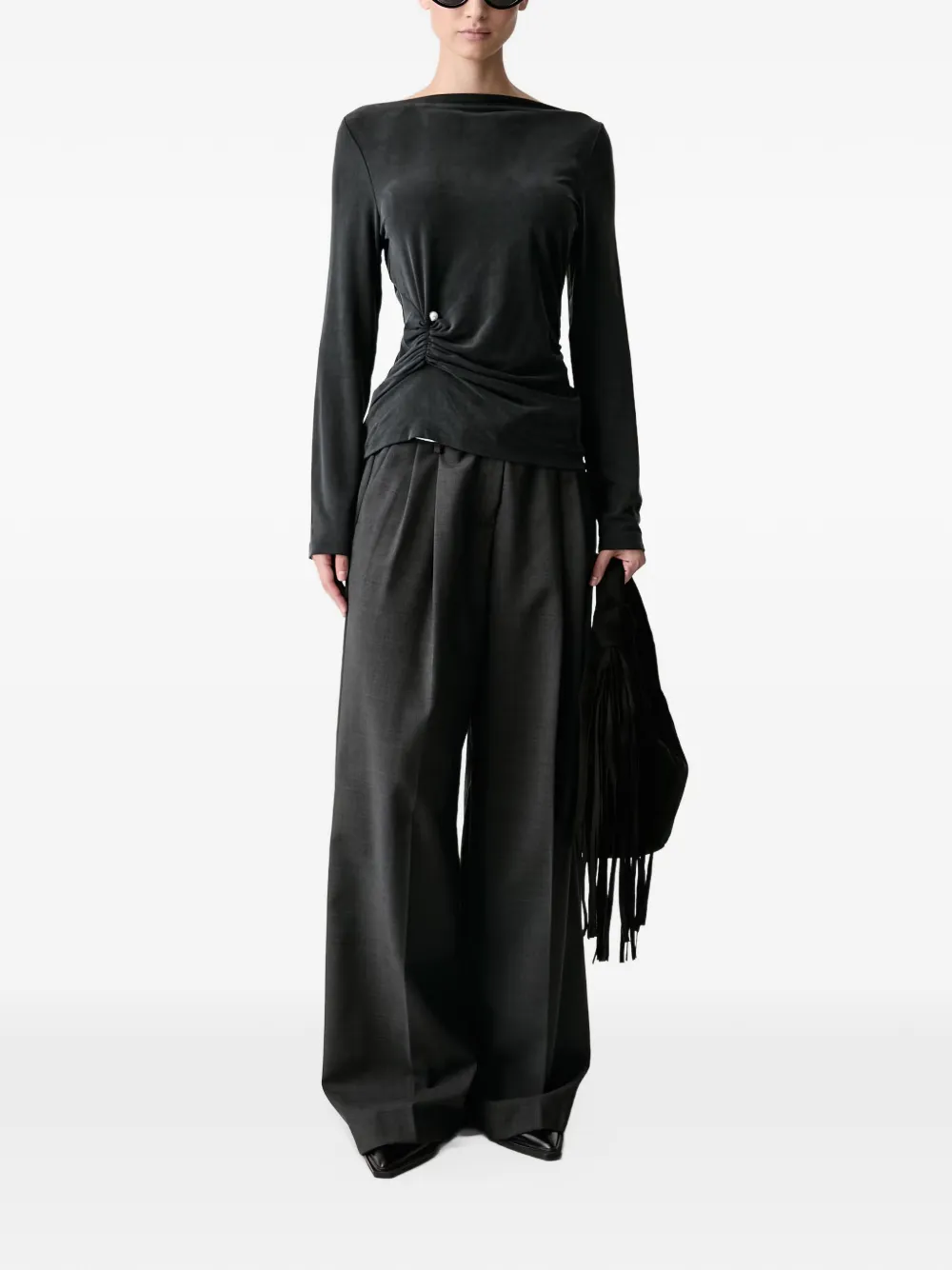 Stine Goya pearl-embellished ruched long-sleeved top Zwart