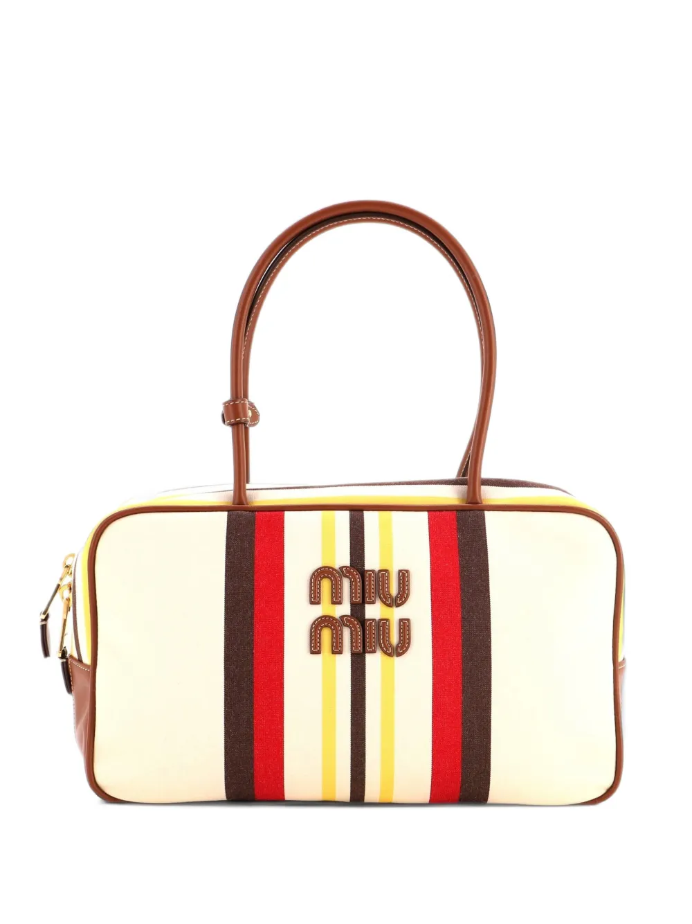 Miu Miu Pre-Owned Beau Top Handle Bag Striped Canvas with Leather Large satchel - Toni neutri