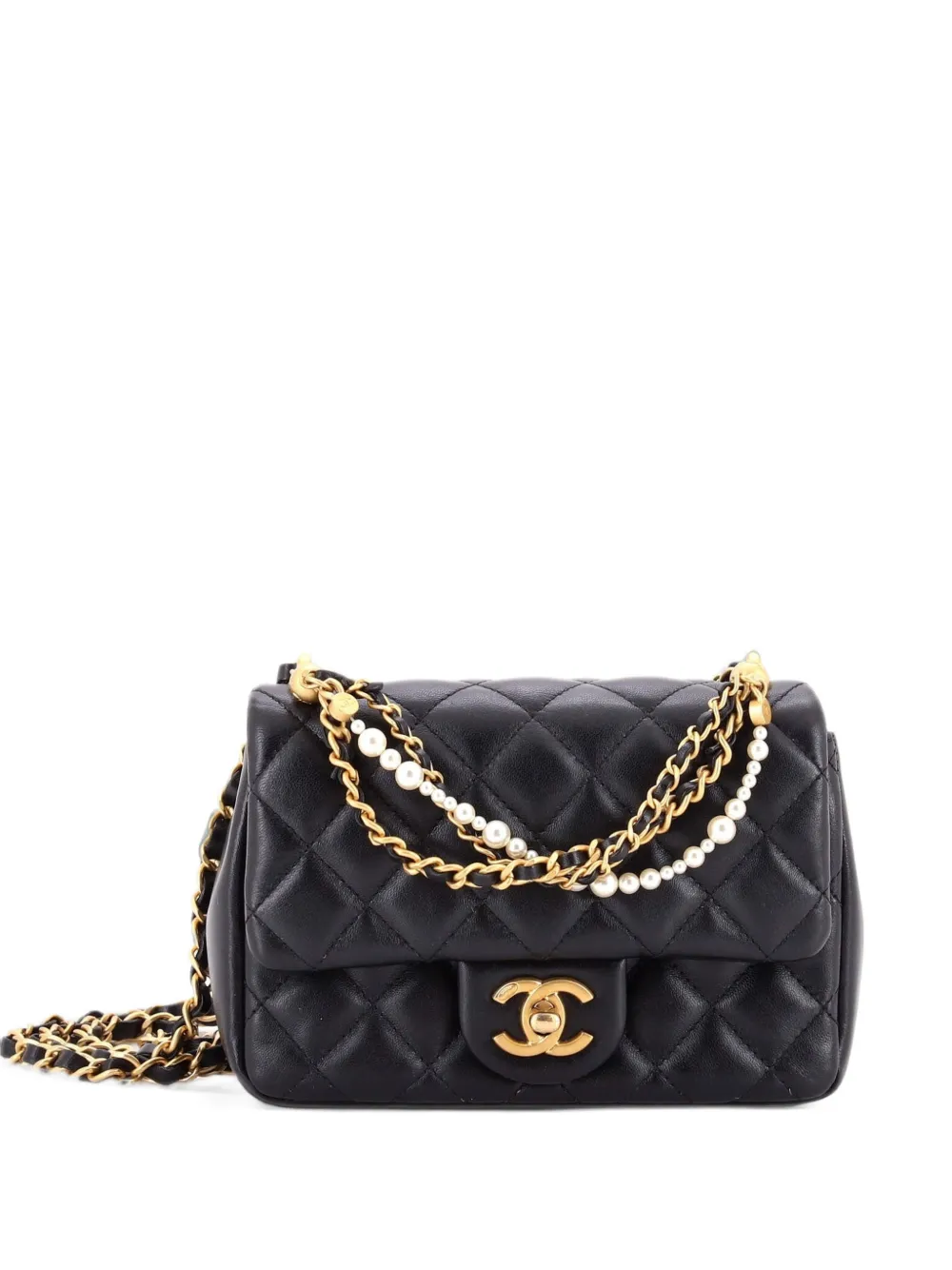 CHANEL Pre-Owned Pearl Twist Square Flap Bag Quilted Shiny Lambskin Mini crossbody bag - Nero