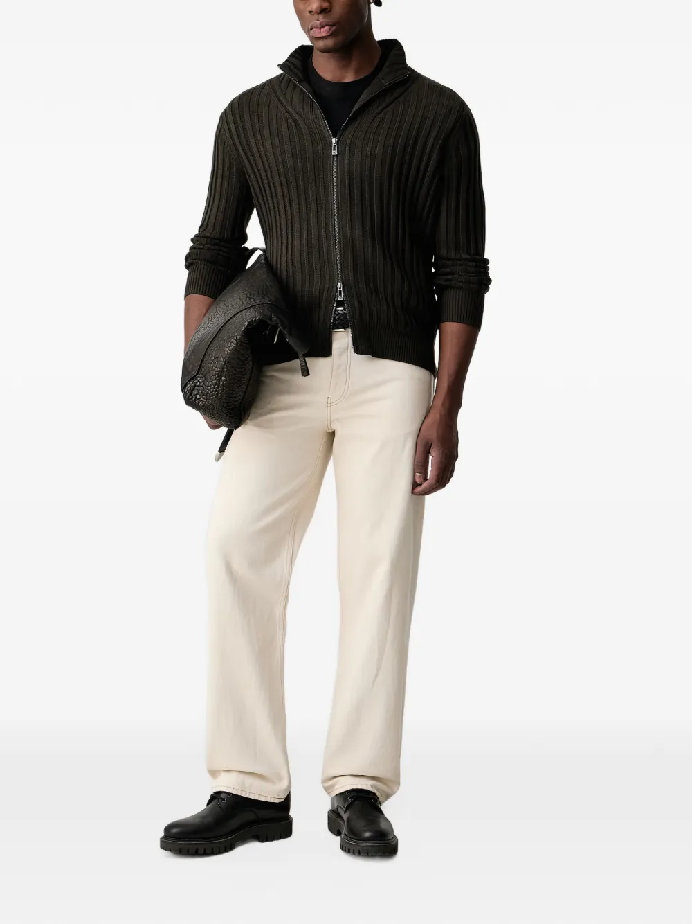 Armani Exchange ribbed-knit zip-up cardigan Groen