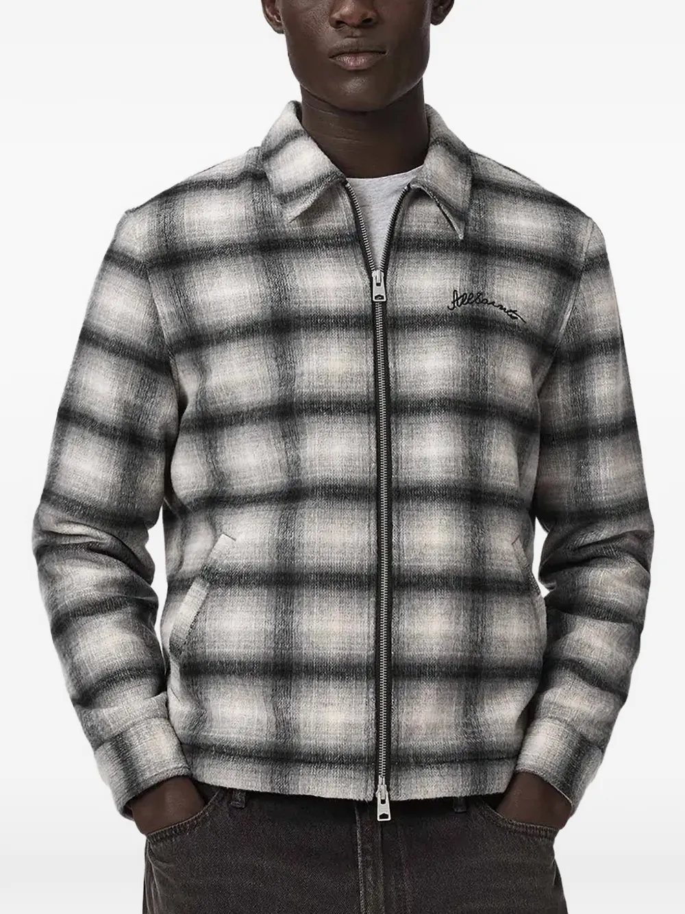 AllSaints check-pattern logo-embroidered shirt jacket - Grigio