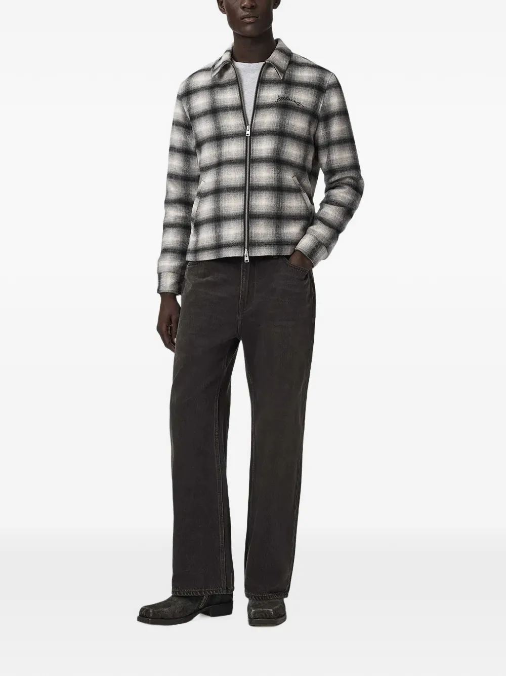 AllSaints Conduct check-pattern logo-embroidered shirt jacket Grijs